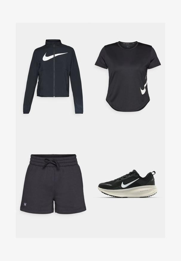 Svart joggebund med hel glidelås, høy krage, lange ermer og stort hvitt Nike swoosh-logo over brystet.; Svart treningst-skjorte med korte ermer, med en hvit Nike swoosh-logo på den nedre siden og en avrundet kant.; Sorte bomullsshorts med elastisk midje og snøring. Har sidelommer og en liten logo på venstre ben.; Svart Nike løpesko med pustende mesh-overdel, hvit swoosh-logo, teksturert detaljer og en kremfarget ZoomX mellomsåle.