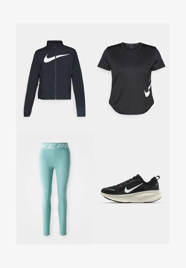 Czarna bluza sportowa na zamek błyskawiczny z wysokim kołnierzem, długimi rękawami i dużym białym logo Nike na klatce piersiowej.; Czarny sportowy t-shirt z krótkim rękawem, z białym logo Nike w kształcie Swoosh na dolnej stronie i okrągłym dołem.; Jasnoniebieskie legginsy sportowe o pełnej długości z białym pasem marki Nike Pro i małym białym logo swoosh Nike na prawym udzie.; Czarna biegowa półbut z oddychającej siateczki, białym logo swoosh, teksturowanymi detalami oraz kremową podeszwą środkową ZoomX.