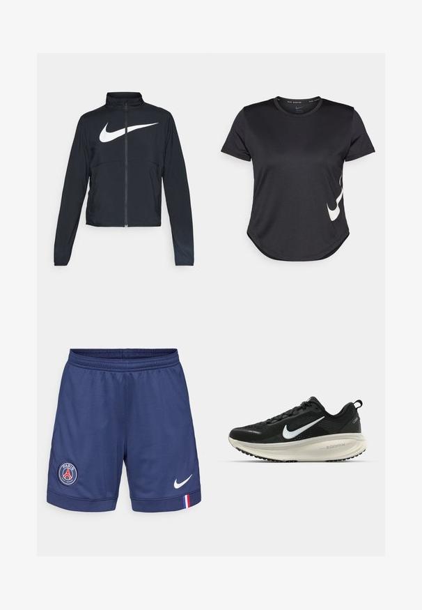 Svart sportjacka med hel dragkedja, hög krage, långa ärmar och stor vit Nike swoosh-logotyp över bröstet.; Svart tränings t-shirt med korta ärmar, som har en vit Nike swoosh-logotyp på den nedre sidan och en rundad fåll.; Marina idrottsshorts tillverkade av andningsbart material, med en Paris Saint-Germain-logotyp och en vit Nike swoosh i nedre högra hörnet.; Svart Nike löparsko med andningsbart mesh-ovandel, vit swoosh-logotyp, texturerad detaljering och en krämfärgad ZoomX-mellansula.
