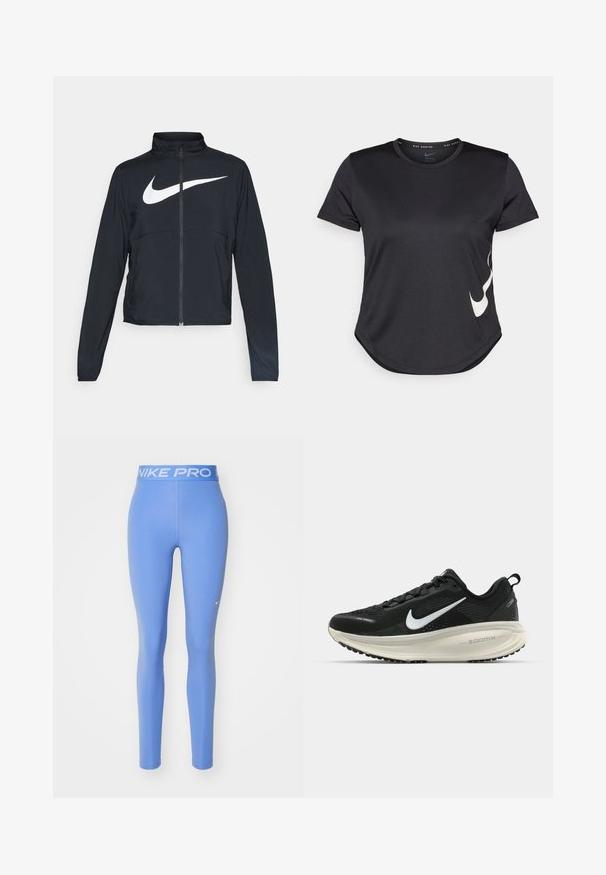 Svart joggebund med hel glidelås, høy krage, lange ermer og stort hvitt Nike swoosh-logo over brystet.; Svart treningst-skjorte med korte ermer, med en hvit Nike swoosh-logo på den nedre siden og en avrundet kant.; Nike Pro leggings, ensfarget lys blå, elastisk liv med hvit "NIKE PRO" tekst, glatt tekstur, tettsittende design.; Svart Nike løpesko med pustende mesh-overdel, hvit swoosh-logo, teksturert detaljer og en kremfarget ZoomX mellomsåle.
