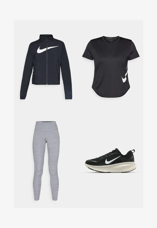 Črna športna jakna z polnim zadrgo, visokim ovratnikom, dolgimi rokavi in velikim belim logotipom Nike swoosh čez prsi.; Črna atletska majica s kratkimi rokavi, z belim Nike swoosh logotipom na spodnji strani in okroglo obrobo.; Sive atletske legice z visokim pasom, izdelane iz teksturirane tkanine z rahlo heather vzorcem. Prileganje oblikovane silhuete.; Črne Nike tekaške čevlje z zračno mrežno zgornjim delom, belim logotipom Swoosh, teksturiranimi detajli in smetanasto barvnim srednjim delom ZoomX.
