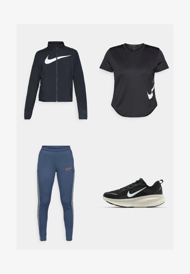 Must musta täispikk vary hoodie kõrge krae, pikad varrukad ja suur valge Nike swooshi logo rinnal.; Must värvi sportlik t-särk lühikeste varrukatega, millel on alumises servas valge Nike'i logo ja ümar äär.; Tumed sportlikud püksid, millel on nöörivöö, hallid külgpaneelid ja oranž Nike logo vasakul jalal. Sile ja elastne kangas.; Musthave mustus Nike jooksujalats, millel on hingav võrgust ülemine osa, valge swoosh logo, tekstuuriga detailid ja kreemja värvusega ZoomX vahevöö.