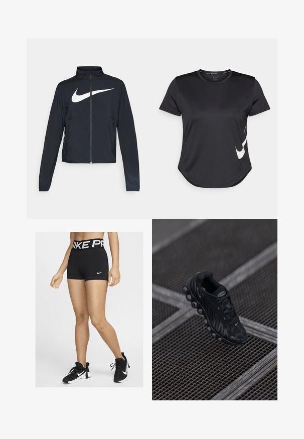 Juodas sportinis džemperis su visiškai užtraukiama užtrauktuku, aukšta apykakle, ilgomis rankovėmis ir dideliu baltu Nike swoosh logotipu per krūtinę.; Juodas sportinis marškinėliai su trumpomis rankovėmis, ant apatinės dalies turintys baltą Nike swoosh logotipą ir apvalų galą.; Juodos sportinės šortai su plačiu juosmeniu, ant kurio raudonas "NIKE PRO" užrašas balta spalva. Šone matomas mažas baltas Nike swoosh logotipas.; Juodas sportinis batas su tekstūruotu viršumi, apvaliu padu ir matoma oro pagalve. Su šnuromis ir prekės ženklo akcentu.