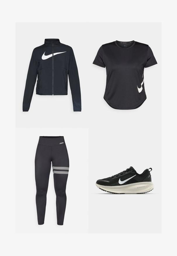 Zwarte sportjas met volledige rits, hoge kraag, lange mouwen en groot wit Nike swoosh-logo op de borst.; Zwarte sportieve T-shirt met korte mouwen, voorzien van een witte Nike swoosh-logo aan de onderzijde en een ronde zoom.; Zwarte high-waisted sportleggings met twee witte diagonale lijnen op de rechterdij en een klein 'STRONGER' logo op de tailleband.; Zwarte Nike hardloopschoen met ademend mesh bovenwerk, witte swoosh-logo, gestructureerde details en een crèmekleurige ZoomX middenzool.