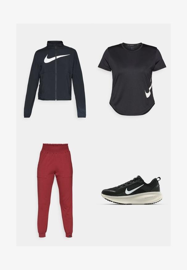 Black full-zip sports jacket with high collar, long sleeves, and large white Nike swoosh logo across the chest.; Black athletic t-shirt with short sleeves, featuring a white Nike swoosh logo on the lower side and a rounded hem.; High-waist red jogger pants with elastic waistband and cuffs, featuring front patch pockets and a slim, tapered fit.; Black Nike running shoe with breathable mesh upper, white swoosh logo, textured detailing, and a cream-colored ZoomX midsole.