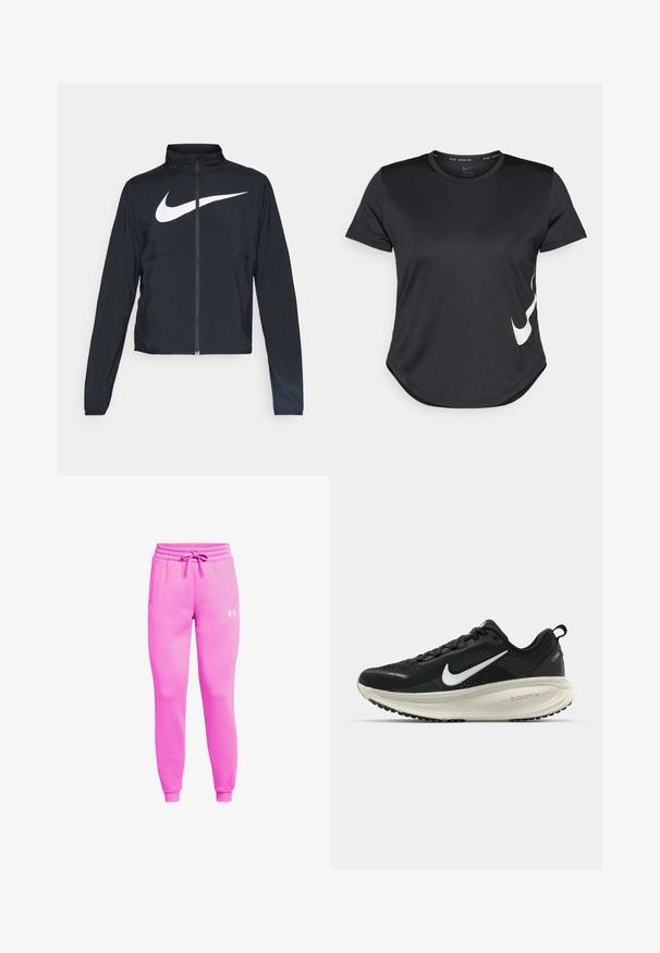 Black full-zip sports jacket with high collar, long sleeves, and large white Nike swoosh logo across the chest.; Black athletic t-shirt with short sleeves, featuring a white Nike swoosh logo on the lower side and a rounded hem.; Pink fleece joggers with an elastic waistband and drawstring. Features side pockets and a white Under Armour logo on the left thigh.; Black Nike running shoe with breathable mesh upper, white swoosh logo, textured detailing, and a cream-colored ZoomX midsole.