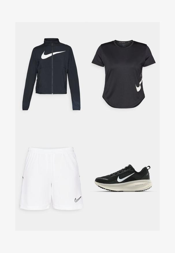 Must musta täispikk vary hoodie kõrge krae, pikad varrukad ja suur valge Nike swooshi logo rinnal.; Must värvi sportlik t-särk lühikeste varrukatega, millel on alumises servas valge Nike'i logo ja ümar äär.; Valged sportlikud lühikesed püksid elastse vöökohtaga, mille alumises vasakus nurgas on must Nike'i siksaklogo ning peene tekstuurilise detailiga.; Musthave mustus Nike jooksujalats, millel on hingav võrgust ülemine osa, valge swoosh logo, tekstuuriga detailid ja kreemja värvusega ZoomX vahevöö.