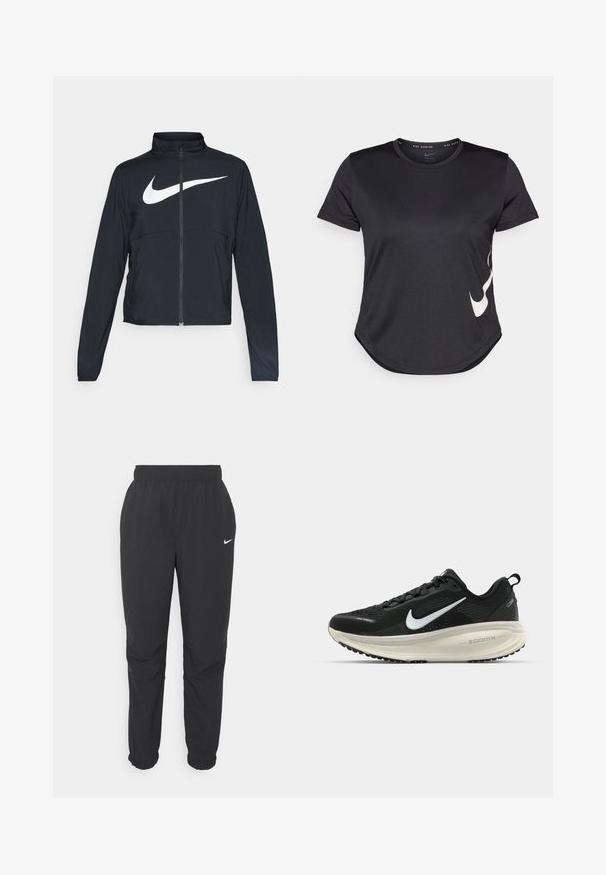 Zwarte sportjas met volledige rits, hoge kraag, lange mouwen en groot wit Nike swoosh-logo op de borst.; Zwarte sportieve T-shirt met korte mouwen, voorzien van een witte Nike swoosh-logo aan de onderzijde en een ronde zoom.; Zwarte, lichte joggingsbroek met een elastische tailleband en boorden. Heeft een klein wit Nike-logo nabij de linkse heup. Gladde textuur.; Zwarte Nike hardloopschoen met ademend mesh bovenwerk, witte swoosh-logo, gestructureerde details en een crèmekleurige ZoomX middenzool.