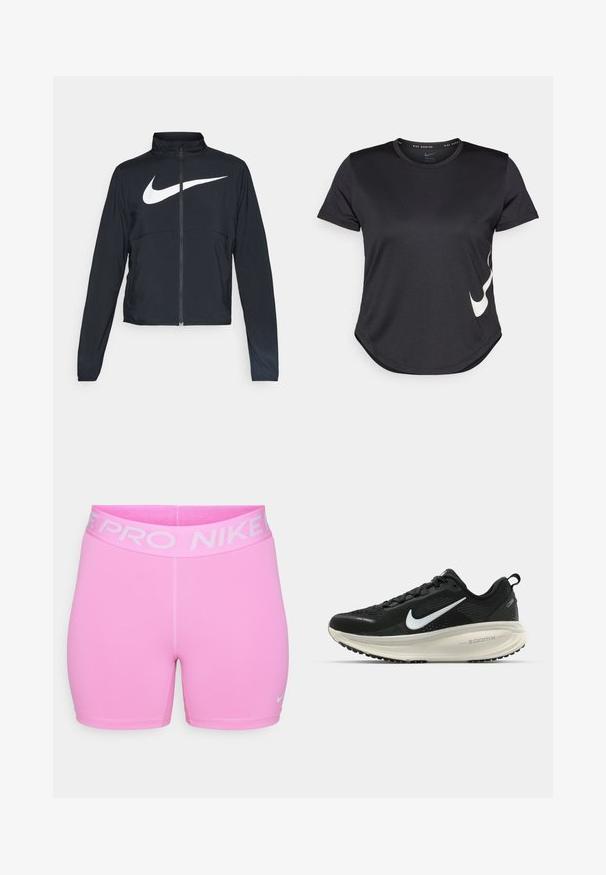Crna sportska jakna s punim patentnim zatvaračem, visokim ovratnikom, dugim rukavima i velikim bijelim Nike swoosh logom preko grudi.; Crna atletska majica kratkih rukava, s bijelim Nike swoosh logotipom na donjoj strani i zaobljenim rubom.; Nike Pro kratke hlače u jarko ružičastoj boji, izrađene od glatkog sintetičkog materijala. Imaju široki pojas s logotipom i uski kroj, s kontrastnim šavovima.; Crne Nike trkačke tenisice s prozračnom mrežastom gornjom konstrukcijom, bijelim swoosh logotipom, teksturiranim detaljima i kremastom ZoomX srednjom potplatnom jedinicom.