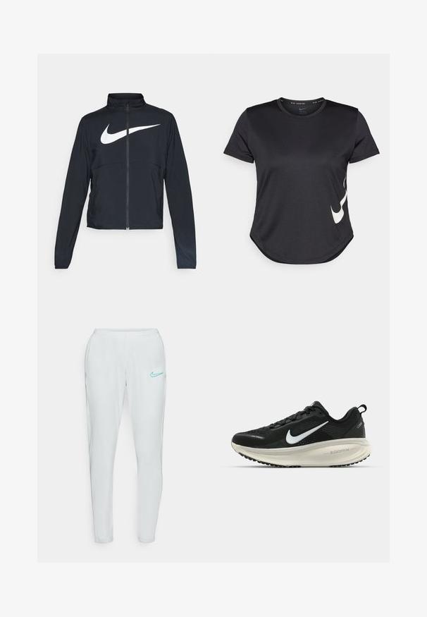 Črna športna jakna z polnim zadrgo, visokim ovratnikom, dolgimi rokavi in velikim belim logotipom Nike swoosh čez prsi.; Črna atletska majica s kratkimi rokavi, z belim Nike swoosh logotipom na spodnji strani in okroglo obrobo.; Svetlo sivi atletski hlače s uskim fitom, elastičnim pasom in akvamarinasto modrim Nike logotipom na levem stegnu. Gladek, raztegljiv material.; Črne Nike tekaške čevlje z zračno mrežno zgornjim delom, belim logotipom Swoosh, teksturiranimi detajli in smetanasto barvnim srednjim delom ZoomX.