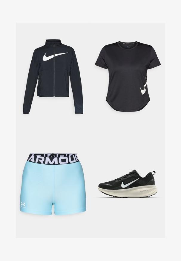 Jachetă sport neagră cu fermoar pe toată lungimea, guler înalt, mâneci lungi și un logo mare alb Nike swoosh pe piept.; Tricou sport negru cu mâneci scurte, având un logo alb Nike swoosh pe partea inferioară și o margine rotunjită.; Shorts atletici de culoare albastră deschisă cu un brâu negru pe care este inscriptionat textul alb "ARMOUR". Materialul părea neted, cu un design ajustat. Logo-ul Under Armour este afișat.; Pantofii de alergare negri de la Nike, cu parte superioară din plasă respirabilă, logo-ul alb Swoosh, detalii texturate și o talpă intermediară ZoomX de culoare crem.