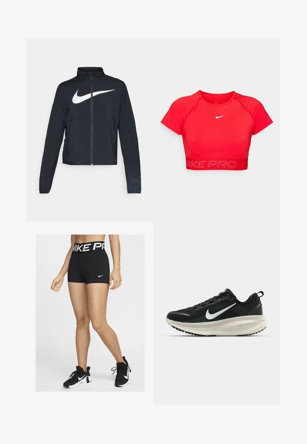 Melnā sporta jaka ar pilnu rāvējslēdzēju, augstu apkakli, garām piedurknēm un lielu baltu Nike swoosh logotipu krūšu daļā.; Sarkana, īsa sporta krekls ar īsām piedurknēm, izgatavots no stiept materiāla. Tam ir balta Nike logo un teksturēta jostasvieta ar tekstu "NIKE PRO".; Melni sporta šorti ar plašu jostu, uz kuras ir balti burti "NIKE PRO". Sānos ir redzams neliels balts Nike svītriņa logotips.; Melnas Nike skriešanas kurpes ar elpojošu acs augšdaļu, baltu Swoosh logotipu, strukturētu apdari un krēmkrāsas ZoomX starpsole.