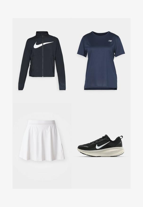 Svart joggebund med hel glidelås, høy krage, lange ermer og stort hvitt Nike swoosh-logo over brystet.; Mørkeblå treningst-skjorte med korte ermer, med ribbet tekstur og en sølvfarget logo på øvre venstre side. Løst passformdesign.; Hvit, utsvingt skjørt laget av mykt stoff, med elastisk midjebånd og en glatt tekstur. Minimalistisk design uten mønstre eller detaljer.; Svart Nike løpesko med pustende mesh-overdel, hvit swoosh-logo, teksturert detaljer og en kremfarget ZoomX mellomsåle.