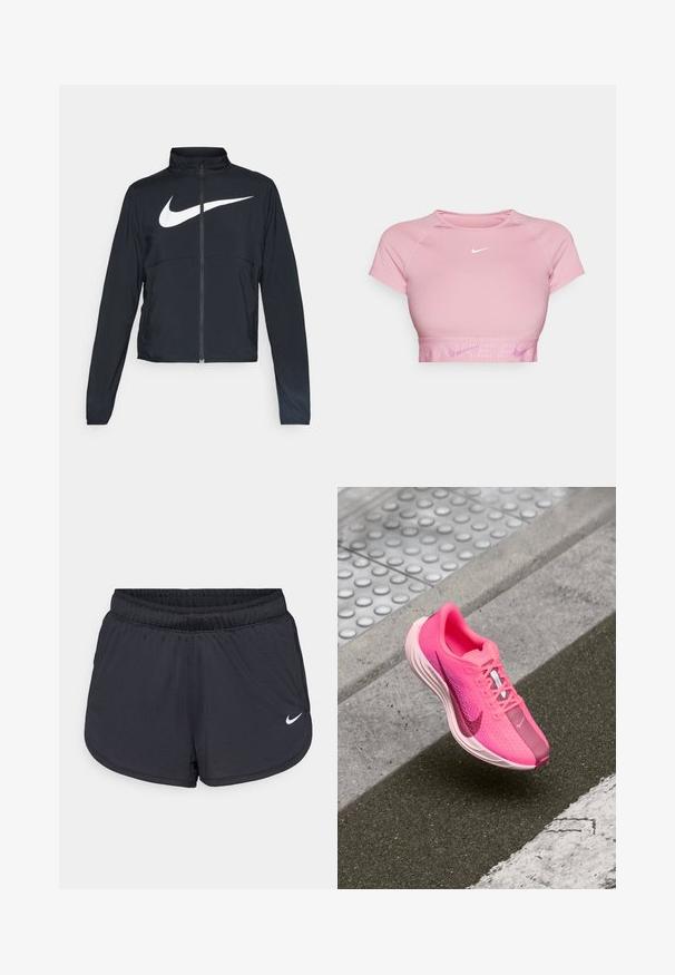 Jachetă sport neagră cu fermoar pe toată lungimea, guler înalt, mâneci lungi și un logo mare alb Nike swoosh pe piept.; Top scurt roz cu mânecă scurtă, margină canalată și un logo alb Nike pe piept. Material neted cu un design ajustat.; Pantaloni scurți atletici negri cu talie elastică, cu un design sportiv și logo-ul alb Nike pe partea frontală inferioară. Material texturat.; Pantofii sport Nike de culoare roz vibrantă, cu parte superioară din plasă, guler captușit, talpă intermediară albă și vârf de culoare roz închis cu detalii de swoosh contrastante.
