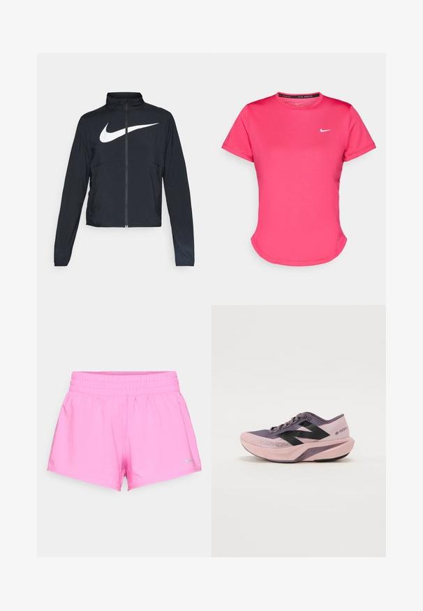 Črna športna jakna z polnim zadrgo, visokim ovratnikom, dolgimi rokavi in velikim belim logotipom Nike swoosh čez prsi.; Rosa kratka športna majica zadrgoprkva, izdelana iz gladkega in lahkega materiala. Ima majhen bel Nike logotip na prsih in subtilno ukrivljen rob.; Svetlo roza športne kratke hlače z elastičnim pasom in majhnim sivo Nike logotipom na spodnjem levem robu proti beli ozadju.; Lahka tekaška čevlja s oblikovanjem v gradientu roza in vijolične barve. Ima zračen zgornji del iz mreže, črne detajle in oblazinjen podplat.