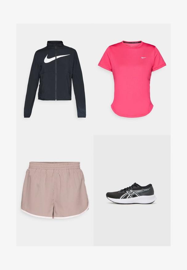 Black full-zip sports jacket with high collar, long sleeves, and large white Nike swoosh logo across the chest.; Short-sleeve pink athletic t-shirt made of a smooth, lightweight fabric. Features a small white Nike logo on the chest and subtle curved hem.; Athletic shorts in light beige fabric with an elastic waistband, featuring a contrasting white trim along the edges and a loose fit design.; Black athletic shoes with a textured mesh upper, white accents, and a cushioned white sole. Features a logo on the side and laces.