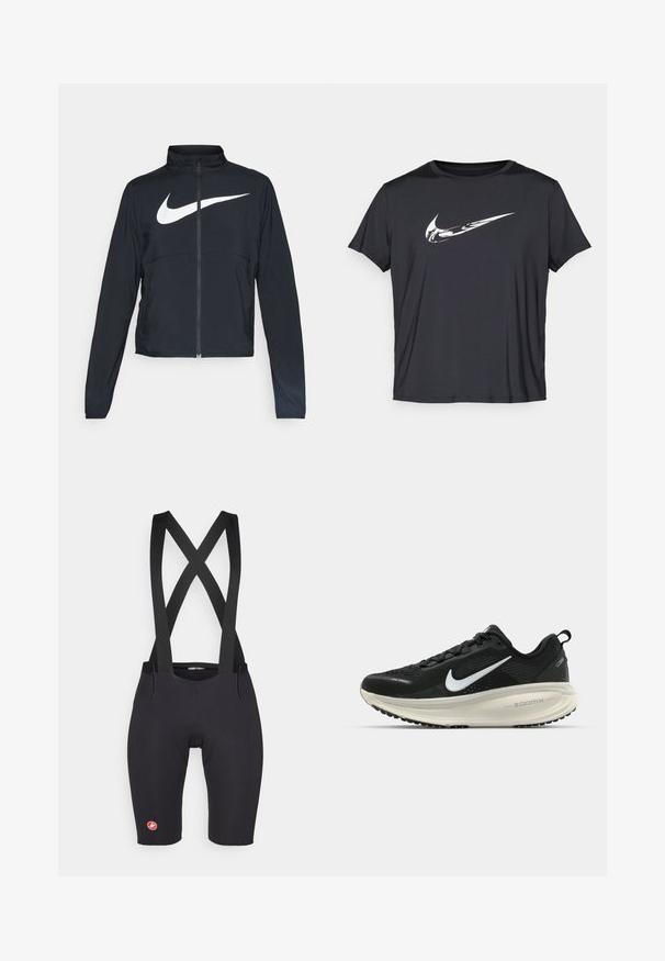 Černá sportovní bunda na zip s vysokým límcem, dlouhými rukávy a velkým bílým logem Nike swoosh přes prsa.; Černé sportovní tričko z měkké, elastické tkaniny. Krátké rukávy, kulatý výstřih, s bílým logem Nike na přední straně.; Černé cyklistické kraťasy s kříženými šlemi, vyrobené z elastického materiálu, s polstrovaným sedlem a malým červeným logem na nohavici.; Černá běžecká obuv Nike s prodyšným síťovaným svrškem, bílým logem swoosh, texturovanými detaily a krémovou mezipodešví ZoomX.