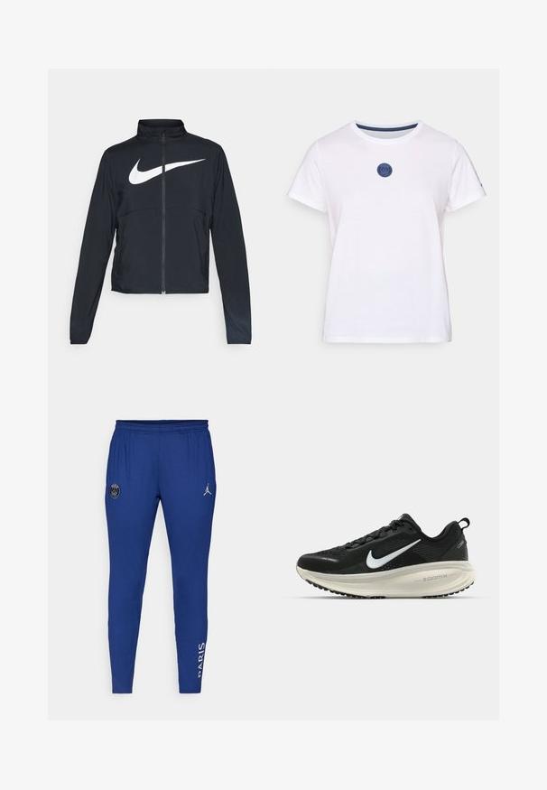 Zwarte sportjas met volledige rits, hoge kraag, lange mouwen en groot wit Nike swoosh-logo op de borst.; Witte katoenen t-shirt met korte mouwen, met een ronde hals en een blauw cirkelvormig logo op de borst. Soepele textuur.; Blauwe sportbroek met een elastische tailleband, met een ronde logo en de tekst "PARIJS" in het wit op de zijkant. Gemaakt van lichtgewicht stof.; Zwarte Nike hardloopschoen met ademend mesh bovenwerk, witte swoosh-logo, gestructureerde details en een crèmekleurige ZoomX middenzool.