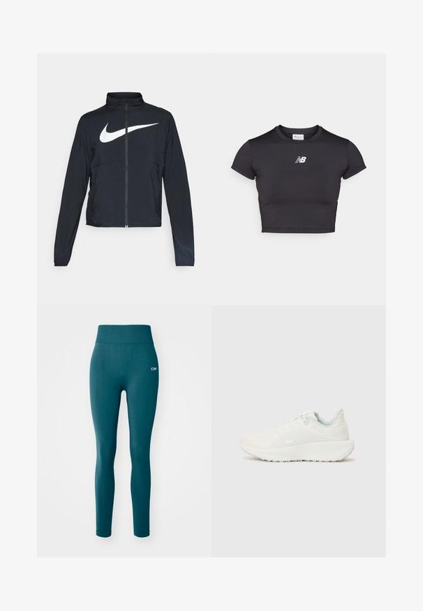 Črna športna jakna z polnim zadrgo, visokim ovratnikom, dolgimi rokavi in velikim belim logotipom Nike swoosh čez prsi.; Črn skrajšan atletski majica s kratkimi rokavi, izdelana iz raztegljive tkanine. Ima bel logotip spredaj, okroglo izrezano vratno linijo in prilegajoč dizajn.; Hlače z visoko pasom v teal barvi, narejene iz raztegljivega materiala, z gladko teksturo in diskretnim mrežastim detajlom na spodnjem delu noge. Logotip na pasu.; Bele športne čevlje z teksturiranim zgornjim delom, podloženim ovratnikom in vezalkami. Imajo ukrivljen podplat in subtilno blagovno znamko na strani.