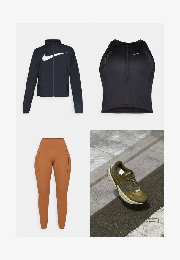 Črna športna jakna z polnim zadrgo, visokim ovratnikom, dolgimi rokavi in velikim belim logotipom Nike swoosh čez prsi.; Črn atletski kratki top z zadrgo spredaj, mrežastimi dodatki in prilegajočim dizajnom. Narejen iz raztegljivega, zračnega materiala. Logotip Nike spredaj.; Svetlo rjave legice z visokim pasom in dvema stranskima žepoma, izdelane iz gladkega, raztegljivega materiala, ki ima minimalne šive.; Olivnozeleni športni čevlji z zračnim zgornjim mrežastim delom, oblazinjenim srednjim delom, vijoličnim logotipom in strukturirano gumijasto podplatom za dober oprijem.