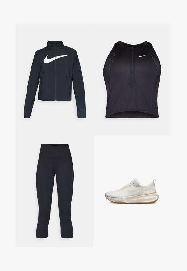 Juodas sportinis džemperis su visiškai užtraukiama užtrauktuku, aukšta apykakle, ilgomis rankovėmis ir dideliu baltu Nike swoosh logotipu per krūtinę.; Juodas sportinis trumpas viršus su užtrauktuku priekyje, tinklinėmis detalėmis ir prigludusia forma. Pagamintas iš tamprios, kvėpuojančios medžiagos. Nike logotipas priekyje.; Juodos apkarpytos legginsai, pagaminti iš tamprios medžiagos, su aukšta juosmens linija ir glotnia tekstūra, be matomų raštų ar detalių.; Balti sportiniai bateliai su tekstūruotu paviršiumi, apvaliu pirštu ir paminkštintu padu. Yra auksinė detalė ir kilpos juosimo ant kulno.
