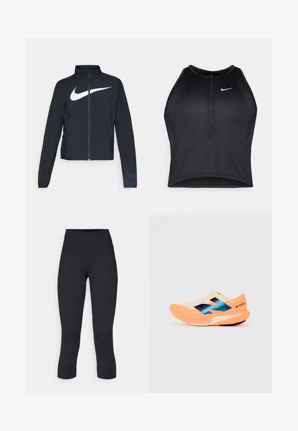 Juodas sportinis džemperis su visiškai užtraukiama užtrauktuku, aukšta apykakle, ilgomis rankovėmis ir dideliu baltu Nike swoosh logotipu per krūtinę.; Juodas sportinis trumpas viršus su užtrauktuku priekyje, tinklinėmis detalėmis ir prigludusia forma. Pagamintas iš tamprios, kvėpuojančios medžiagos. Nike logotipas priekyje.; Juodos apkarpytos legginsai, pagaminti iš tamprios medžiagos, su aukšta juosmens linija ir glotnia tekstūra, be matomų raštų ar detalių.; Bėgimo bateliai su lengvu kreminiu viršumi, mėlynu ženklinimu ir oranžiniais akcentais ant pado. Tinklelis, užtikrinantis kvėpavimą.