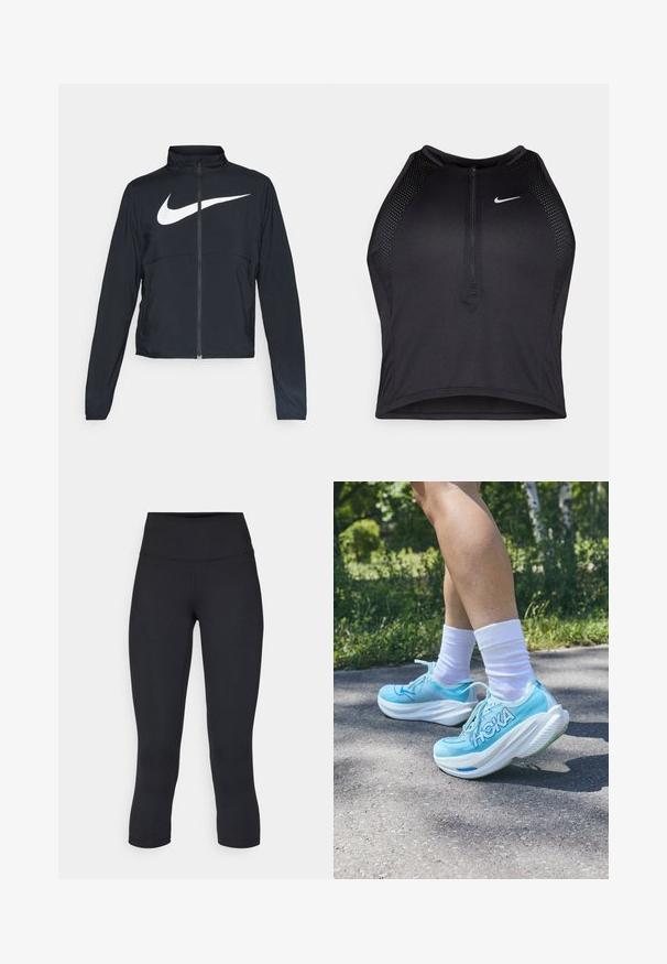 Černá sportovní bunda na zip s vysokým límcem, dlouhými rukávy a velkým bílým logem Nike swoosh přes prsa.; Černý sportovní crop top se zipem vpředu, síťovými detaily a přiléhavým střihem. Vyrobený z elastického, prodyšného materiálu. Logo Nike na přední straně.; Černé zkrácené legíny vyrobené z pružné látky, s vysokým pasem a hladkou texturou, bez viditelných vzorů nebo kovových prvků.; Světle modré sportovní boty s texturovaným síťovaným svrškem, bílou polstrovanou podešví a výrazným logem "HOKA" na straně. Nosené s bílými ponožkami.