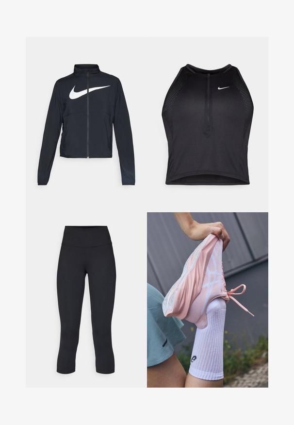Melnā sporta jaka ar pilnu rāvējslēdzēju, augstu apkakli, garām piedurknēm un lielu baltu Nike swoosh logotipu krūšu daļā.; Melnā sportiskā augšdaļa ar rāvējslēdzēju priekšpusē, acs akcenti un pieguloša dizaina. Izgatavota no elastīga, elpojoša auduma. Nike logo priekšpusē.; Melnas apgrieztas legingi, izgatavoti no elastīga auduma, ar augstu jostasvietu un gludu tekstūru, bez redzamām rakstu vai aksesuāriem.; Gaiši rozā sporta apavi ar sietu un cietām pārklājumiem, paaugstināta zole un baltas detaļas, kopā ar baltām ribotām zeķēm, kas rotātas ar logotipu.