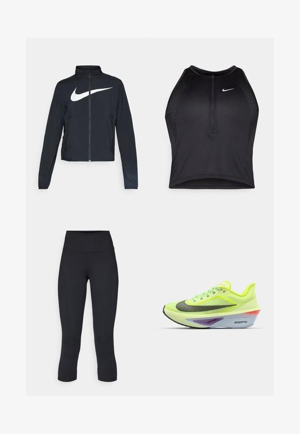 Czarna bluza sportowa na zamek błyskawiczny z wysokim kołnierzem, długimi rękawami i dużym białym logo Nike na klatce piersiowej.; Czarny sportowy crop top z zamkiem z przodu, z siateczkowymi akcentami i dopasowanym krojem. Wykonany z elastycznego, oddychającego materiału. Logo Nike z przodu.; Czarne, krótkie legginsy wykonane z elastycznego materiału, z wysokim stanem i gładką strukturą, bez widocznych wzorów czy elementów metalowych.; Zielono-żółte buty do biegania z siateczkową cholewką, zaokrąglonym noskiem, czarnymi i srebrnymi akcentami oraz wielokolorową piankową podeszwą z logo "ZOOMX".