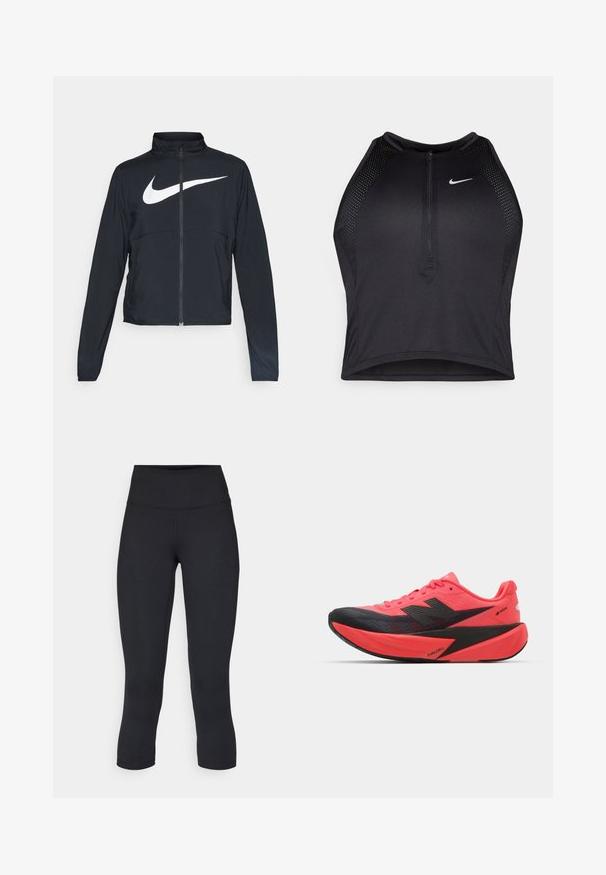 Veste de sport noire zippée sur toute la longueur avec un col haut, des manches longues et un grand logo Nike swoosh blanc sur la poitrine.; Crop top sportif noir avec fermeture éclair à l'avant, accents en mesh et design ajusté. Fabriqué en tissu extensible et respirant. Logo Nike à l'avant.; Leggings noirs coupés en tissu extensible, avec une taille haute et une texture lisse, sans motifs ni éléments visibles.; Baskets de course avec un dessus rose vif et des accents noirs. Présente un design texturé, une semelle légère et un marquage FUELCELL sur le côté.