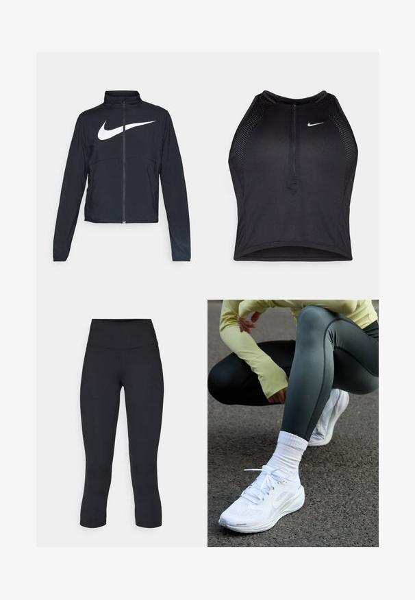 Giacca sportiva nera con zip completa, colletto alto, maniche lunghe e grande logo swoosh bianco Nike sul petto.; Top corto atletico nero con zip frontale, dettagli in rete e un design aderente. Realizzato in tessuto elasticizzato e traspirante. Logo Nike sul davanti.; Leggings cropped neri realizzati in tessuto elasticizzato, con vita alta e texture liscia, senza motivi o componenti visibili.; Scarpe da ginnastica bianche con tomaia in rete, lacci piatti e suola ammortizzata, abbinate a leggings verde scuro e una maglietta a maniche lunghe gialla chiara.
