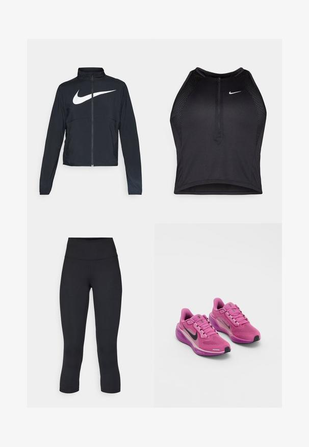 Jachetă sport neagră cu fermoar pe toată lungimea, guler înalt, mâneci lungi și un logo mare alb Nike swoosh pe piept.; Top sportiv black, cu croială scurtă, cu fermoar în față, accente din plasă și un design ajustat. Fabricat dintr-un material elastic și respirabil. Logo-ul Nike pe față.; Leggings negre scurte, fabricate dintr-un material elastic, având o talie înaltă și o textură netedă, fără modele sau accesorii vizibile.; Pantofi sport roz cu partea superioară din material din plasă, swoosh-ul Nike negru, guler căptușit și talpă căptușită. Caracteristici cu accente reflectorizante și șireturi.