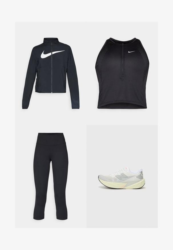 Melnā sporta jaka ar pilnu rāvējslēdzēju, augstu apkakli, garām piedurknēm un lielu baltu Nike swoosh logotipu krūšu daļā.; Melnā sportiskā augšdaļa ar rāvējslēdzēju priekšpusē, acs akcenti un pieguloša dizaina. Izgatavota no elastīga, elpojoša auduma. Nike logo priekšpusē.; Melnas apgrieztas legingi, izgatavoti no elastīga auduma, ar augstu jostasvietu un gludu tekstūru, bez redzamām rakstu vai aksesuāriem.; Viegls skriešanas apavs ar pelēku un baltu sietu augšdaļu, izteiktu 'N' logotipu un dzeltenu vidusdaļu ar slīpām akcentiem. Melna zole.