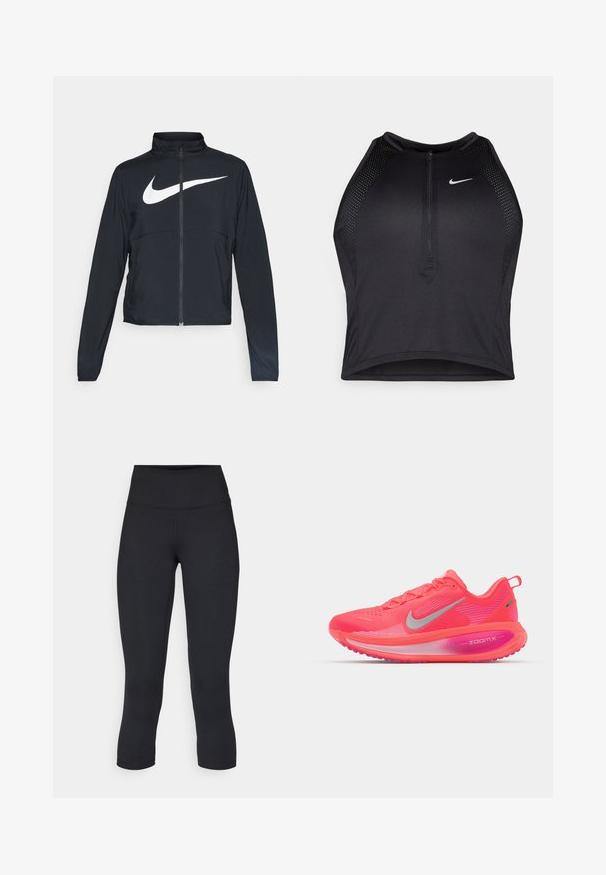 Černá sportovní bunda na zip s vysokým límcem, dlouhými rukávy a velkým bílým logem Nike swoosh přes prsa.; Černý sportovní crop top se zipem vpředu, síťovými detaily a přiléhavým střihem. Vyrobený z elastického, prodyšného materiálu. Logo Nike na přední straně.; Černé zkrácené legíny vyrobené z pružné látky, s vysokým pasem a hladkou texturou, bez viditelných vzorů nebo kovových prvků.; Nike Performance VOMERO 18 - Silniční běžecké boty - bright crimson/white/hyper pink/pink foam