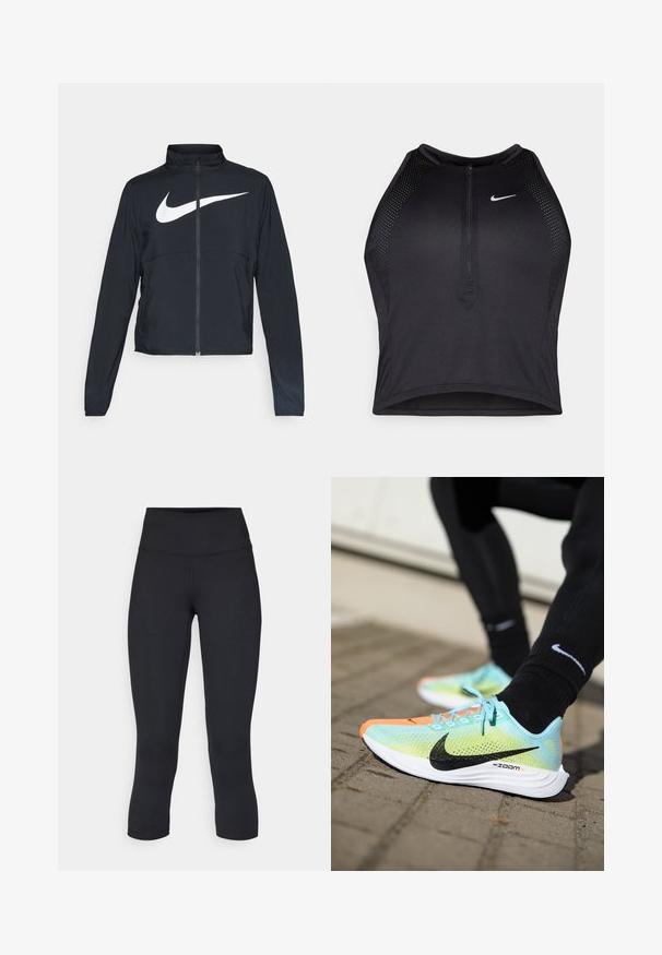 Fekete, teljes cipzáros sportdzseki magas gallérral, hosszú ujjal, amelyen egy nagy, fehér Nike logó található a mellkason.; Fekete sportos crop top, elöl cipzárral, hálós kiegészítőkkel és testhez álló kialakítással. Rugalmas, lélegző anyagból készült. Nike logó elöl.; Fekete, rövidített leggings elasztikus anyagból, magas derékkal és sima textúrával, látható minták vagy fémalkatrészek nélkül.; A Nike ZoomX futócipők hálós felsőrésze mentazöld színű, fekete részletekkel, narancssárga orrú sapkával és texturált tapadású fehér talppal rendelkezik.