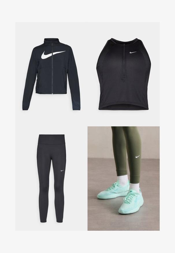 Casaco desportivo preto com fecho éclair completo, gola alta, mangas longas e grande logótipo branco da Nike na parte frontal.; Top cropped atlético preto com fecho à frente, acentos em malha e um design ajustado. Feito de tecido elástico e respirável. Logótipo da Nike na frente.; Leggings pretos feitos de tecido elástico, com uma cintura alta e um logo branco da Nike na coxa esquerda. Textura suave, design ajustado ao corpo.; Sapatilhas Nike verde menta claro com parte superior em malha e sola texturizada, combinadas com leggings verde-oliva e meias brancas.