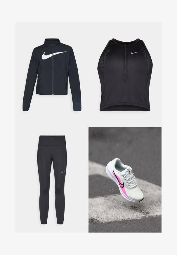 Veste de sport noire zippée sur toute la longueur avec un col haut, des manches longues et un grand logo Nike swoosh blanc sur la poitrine.; Crop top sportif noir avec fermeture éclair à l'avant, accents en mesh et design ajusté. Fabriqué en tissu extensible et respirant. Logo Nike à l'avant.; Leggings noirs en tissu extensible, dotés d'une taille haute et d'un logo Nike blanc sur la cuisse gauche. Texture lisse, design ajusté.; Chaussure de course légère en maille blanche, avec des accents roses et noirs, talon surélevé et semelle texturée, positionnée en l'air au-dessus du pavé.
