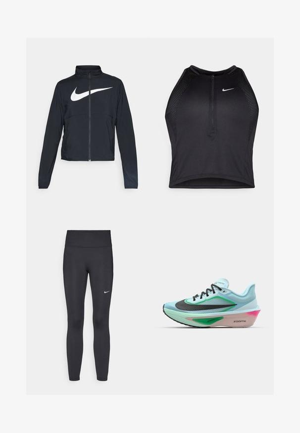 Veste de sport noire zippée sur toute la longueur avec un col haut, des manches longues et un grand logo Nike swoosh blanc sur la poitrine.; Crop top sportif noir avec fermeture éclair à l'avant, accents en mesh et design ajusté. Fabriqué en tissu extensible et respirant. Logo Nike à l'avant.; Leggings noirs en tissu extensible, dotés d'une taille haute et d'un logo Nike blanc sur la cuisse gauche. Texture lisse, design ajusté.; Bottines de course bleu clair avec une tige en mesh noir texturé, des accents verts, une semelle intermédiaire teintée de rose et une semelle extérieure en caoutchouc. Comprend des lacets et des éléments de marque.