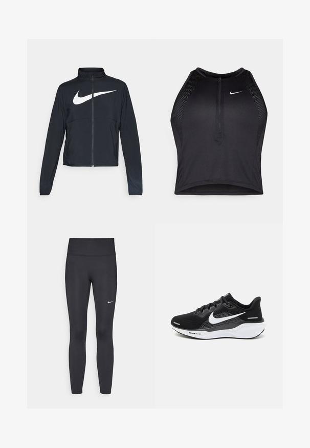 Giacca sportiva nera con zip completa, colletto alto, maniche lunghe e grande logo swoosh bianco Nike sul petto.; Top corto atletico nero con zip frontale, dettagli in rete e un design aderente. Realizzato in tessuto elasticizzato e traspirante. Logo Nike sul davanti.; Leggings neri realizzati in tessuto elasticizzato, con una vita alta e un logo Nike bianco sulla coscia sinistra. Tessuto liscio, design aderente.; Scarpa sportiva nera con tomaia in mesh, un logo Nike bianco e una suola bianca imbottita con dettagli testurizzati.