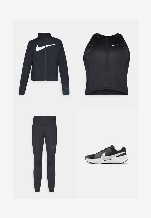 Schwarze Sportjacke mit vollem Reißverschluss, hohem Kragen, langen Ärmeln und großem weißen Nike-Swoosh-Logo auf der Brust.; Schwarzes sportliches Crop-Top mit Reißverschluss vorne, Netz-Akzenten und figurnaher Passform. Hergestellt aus dehnbarem, atmungsaktivem Material. Nike-Logo auf der Vorderseite.; Schwarze Leggings aus elastischem Stoff, mit einem hohen Bund und einem weißen Nike-Logo auf dem linken Oberschenkel. Glatte Textur, figurbetontes Design.; Schwarz-weiße Sportschuhe mit einer strukturierten Oberseite, einem auffälligen Nike-Logo und einem kontrastierenden Sohlen-Design für besseren Halt und Stabilität.