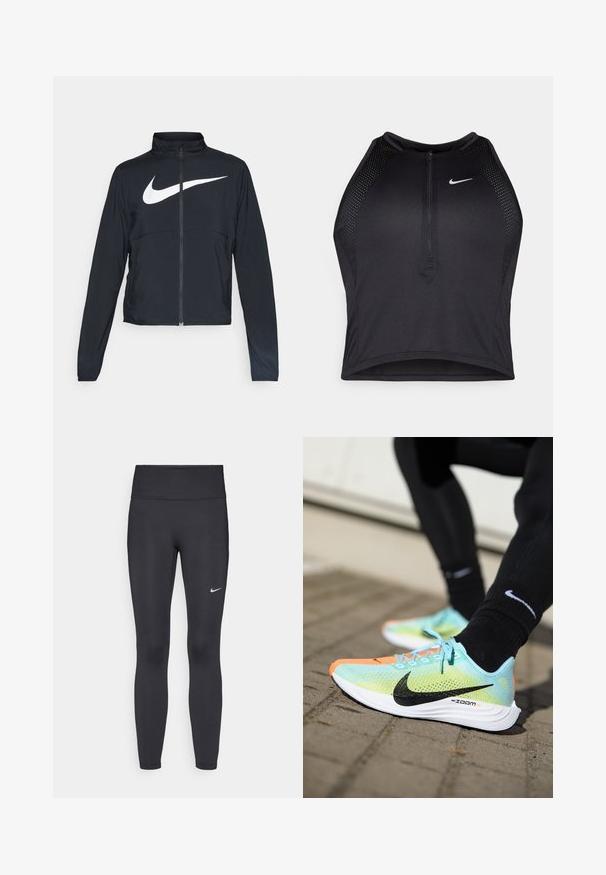 Črna športna jakna z polnim zadrgo, visokim ovratnikom, dolgimi rokavi in velikim belim logotipom Nike swoosh čez prsi.; Črn atletski kratki top z zadrgo spredaj, mrežastimi dodatki in prilegajočim dizajnom. Narejen iz raztegljivega, zračnega materiala. Logotip Nike spredaj.; Črne legice iz elastične tkanine, z visokim pasom in belim Nike logo na levem stegnu. Gladka tekstura, oblikovno prilegajoč dizajn.; Nike ZoomX tekaške čevlje imajo mrežasto zgornji del v zeleni meti z črnimi detajli, oranžno kapico za prste in belo podplato z raznoliko oprijemom.