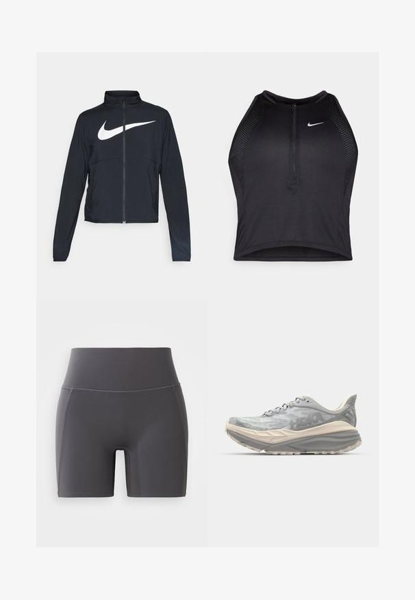 Chaqueta deportiva negra de cremallera completa con cuello alto, mangas largas y gran logo de Nike en blanco en el pecho.; Top corto deportivo negro con cremallera frontal, detalles de malla y un diseño ajustado. Fabricado con tejido elástico y transpirable. Logo de Nike en la parte frontal.; Pantalones cortos deportivos grises con una cintura alta, hechos de una tela suave y elástica. Cuenta con costuras planas y un diseño ajustado.; Zapatilla de correr gris claro con parte superior de malla texturizada, suela gruesa y acolchada, y talón reforzado. Presenta cordones planos y un logotipo sutil.