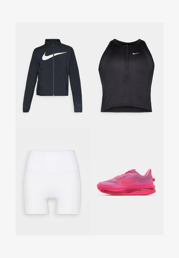 Fekete, teljes cipzáros sportdzseki magas gallérral, hosszú ujjal, amelyen egy nagy, fehér Nike logó található a mellkason.; Fekete sportos crop top, elöl cipzárral, hálós kiegészítőkkel és testhez álló kialakítással. Rugalmas, lélegző anyagból készült. Nike logó elöl.; Fehér, magas derekú, rugalmas anyagból készült sort. Simább textúrával és testhezálló dizájnnal rendelkezik, további minták vagy fémalkatrészek nélkül.; Nike futócipő, élénk rózsaszín hálós felsőrésszel, átmenetes kiemelésekkel, látható légpárnával és texturált talppal a tapadás érdekében.