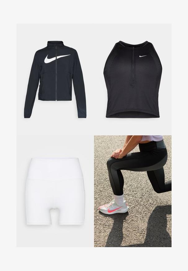 Zwarte sportjas met volledige rits, hoge kraag, lange mouwen en groot wit Nike swoosh-logo op de borst.; Zwarte atletische crop top met een rits aan de voorkant, mesh accenten en een aansluitend ontwerp. Gemaakt van rekbare, ademende stof. Nike-logo aan de voorkant.; Witte hoge taille shorts van rekbare stof. Kenmerken een gladde textuur en een aansluitend ontwerp, zonder extra patronen of hardware.; Nike Performance PEGASUS PLUS - Hardloopschoenen voor op de weg - barely grey/hot punch/white/black