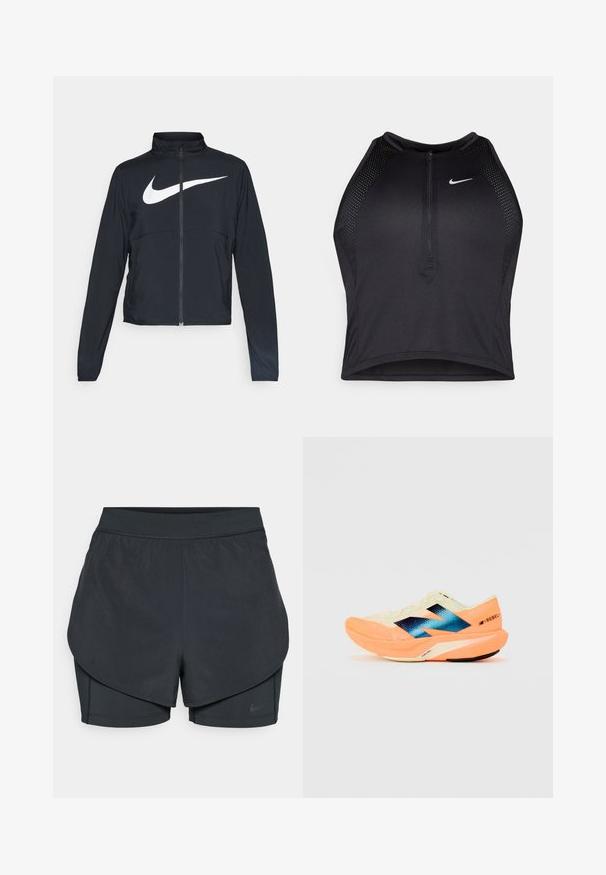 Must musta täispikk vary hoodie kõrge krae, pikad varrukad ja suur valge Nike swooshi logo rinnal.; Must negra spordiline crop top, millel on lukk ees, võrgukangast detailid ja vormiv disain. Valmistatud venivast ja hingavast kangast. Nike logo ees.; Mustad musta sportlikud lühikesed püksid kihilise disainiga, millel on sile välimine kiht ja istuvad sisepüksid. Valmistatud kergest, venivast kangast.; Kergjalats kergest kreemjas ülemisest osast, sinise brändingu ja oranžide aktsentidega taldadel. Võrgumaterjal tagab hingavuse.