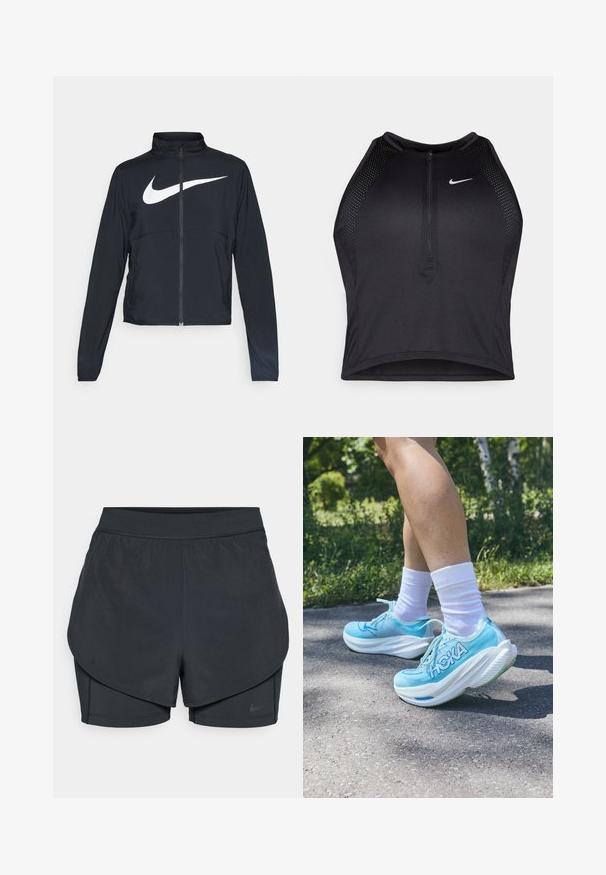 Veste de sport noire zippée sur toute la longueur avec un col haut, des manches longues et un grand logo Nike swoosh blanc sur la poitrine.; Crop top sportif noir avec fermeture éclair à l'avant, accents en mesh et design ajusté. Fabriqué en tissu extensible et respirant. Logo Nike à l'avant.; Shorts de sport noirs avec un design superposé, présentant une couche extérieure lisse et des shorts intérieurs ajustés. Fabriqués en tissu léger et extensible.; Baskets de sport bleu clair avec une tige en mesh texturé, semelle blanche rembourrée et un logo "HOKA" bien visible sur le côté. Portées avec des chaussettes blanches.