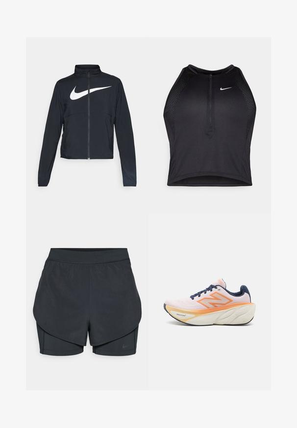 Zwarte sportjas met volledige rits, hoge kraag, lange mouwen en groot wit Nike swoosh-logo op de borst.; Zwarte atletische crop top met een rits aan de voorkant, mesh accenten en een aansluitend ontwerp. Gemaakt van rekbare, ademende stof. Nike-logo aan de voorkant.; Zwarte sportshorts met een gelaagd ontwerp, voorzien van een gladde buitenlaag en aansluitende binnen shorts. Gemaakt van lichtgewicht, rekbare stof.; Hardloopschoen met een ademend lichtroze bovenwerk, oranje accenten, marineblauwe veters en een gewatteerde witte zool met gestructureerde patronen.