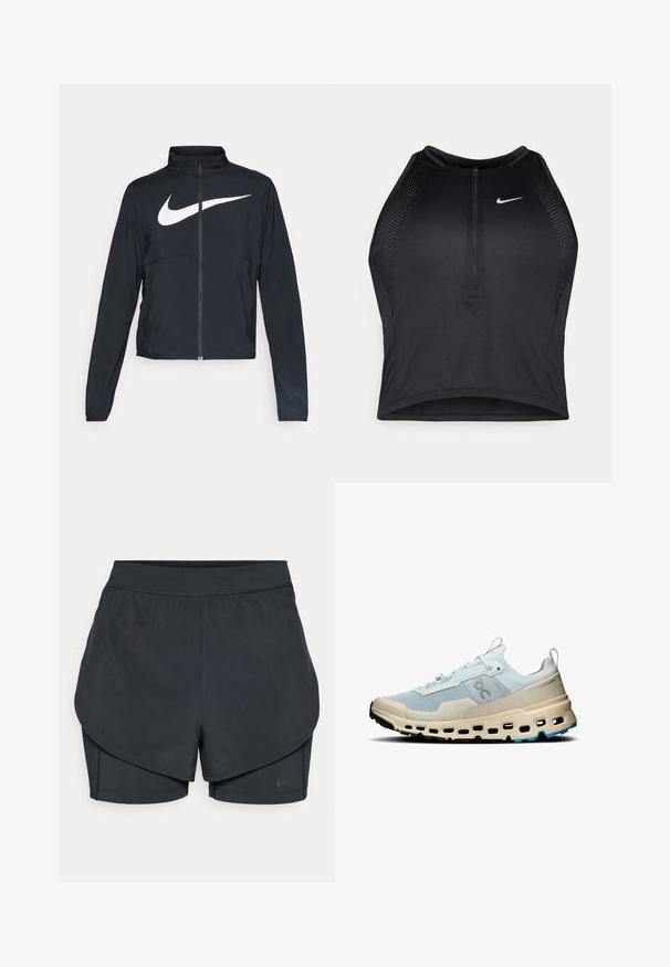 Melnā sporta jaka ar pilnu rāvējslēdzēju, augstu apkakli, garām piedurknēm un lielu baltu Nike swoosh logotipu krūšu daļā.; Melnā sportiskā augšdaļa ar rāvējslēdzēju priekšpusē, acs akcenti un pieguloša dizaina. Izgatavota no elastīga, elpojoša auduma. Nike logo priekšpusē.; Melnas sporta šortus ar slāņotu dizainu, kas ietver gludu ārējo slāni un pieguļošus iekšējos šortus. Izgatavoti no viegla, elastīga auduma.; Gaiši zils sieta skrējēju apavs ar bežām akcentiem, teksturēta virsma, izteikta viduspeša izgriezumi un kontrastējoša melna zole.