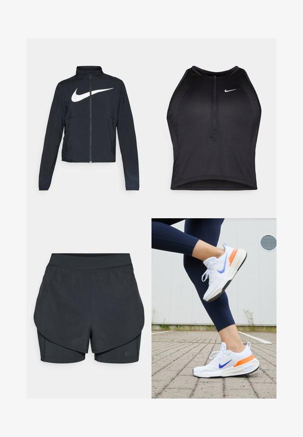Schwarze Sportjacke mit vollem Reißverschluss, hohem Kragen, langen Ärmeln und großem weißen Nike-Swoosh-Logo auf der Brust.; Schwarzes sportliches Crop-Top mit Reißverschluss vorne, Netz-Akzenten und figurnaher Passform. Hergestellt aus dehnbarem, atmungsaktivem Material. Nike-Logo auf der Vorderseite.; Schwarze sportliche Shorts mit einem geschichteten Design, das eine glatte äußere Schicht und eng anliegende innere Shorts umfasst. Hergestellt aus leichtem, dehnbarem Material.; Nike-Laufschuh, überwiegend weiß mit einem lila Swoosh und orangefarbigen Akzenten. Verfügt über ein strukturiertes Obermaterial und eine gepolsterte Sohle.