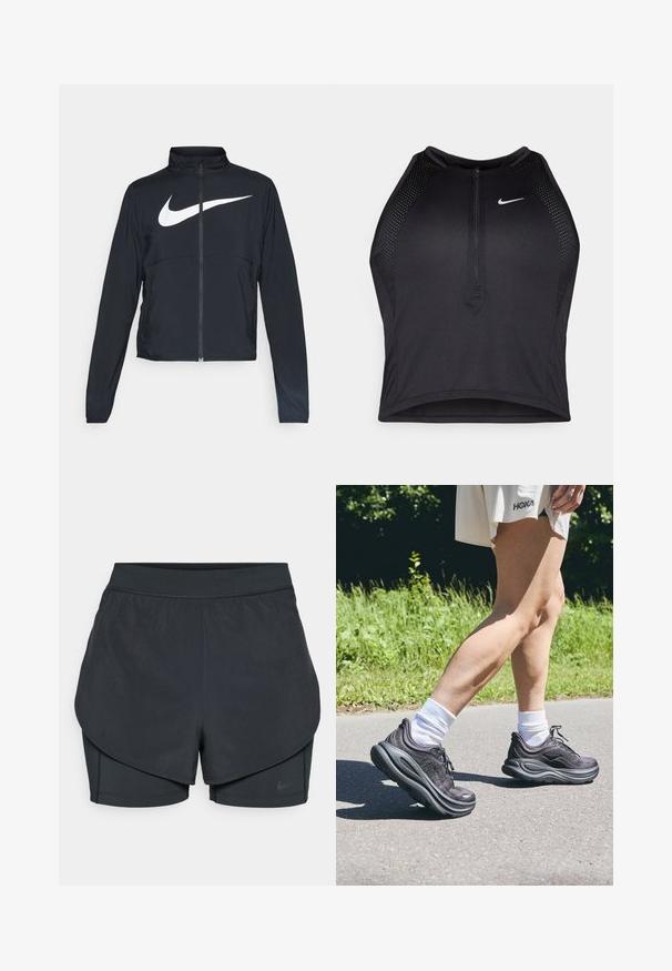 Črna športna jakna z polnim zadrgo, visokim ovratnikom, dolgimi rokavi in velikim belim logotipom Nike swoosh čez prsi.; Črn atletski kratki top z zadrgo spredaj, mrežastimi dodatki in prilegajočim dizajnom. Narejen iz raztegljivega, zračnega materiala. Logotip Nike spredaj.; Črne atletske kratke hlače z večplastnim dizajnom, ki vključuje gladko zunanjo plast in prilegnjene notranje kratke hlače. Narejene so iz lahkega, elastičnega materiala.; Črne športne čevlje z teksturirano tkanino, debelimi oblazinjenimi podplati in vezalkami, v kombinaciji z belimi nogavicami in svetlo bež oblačilom.